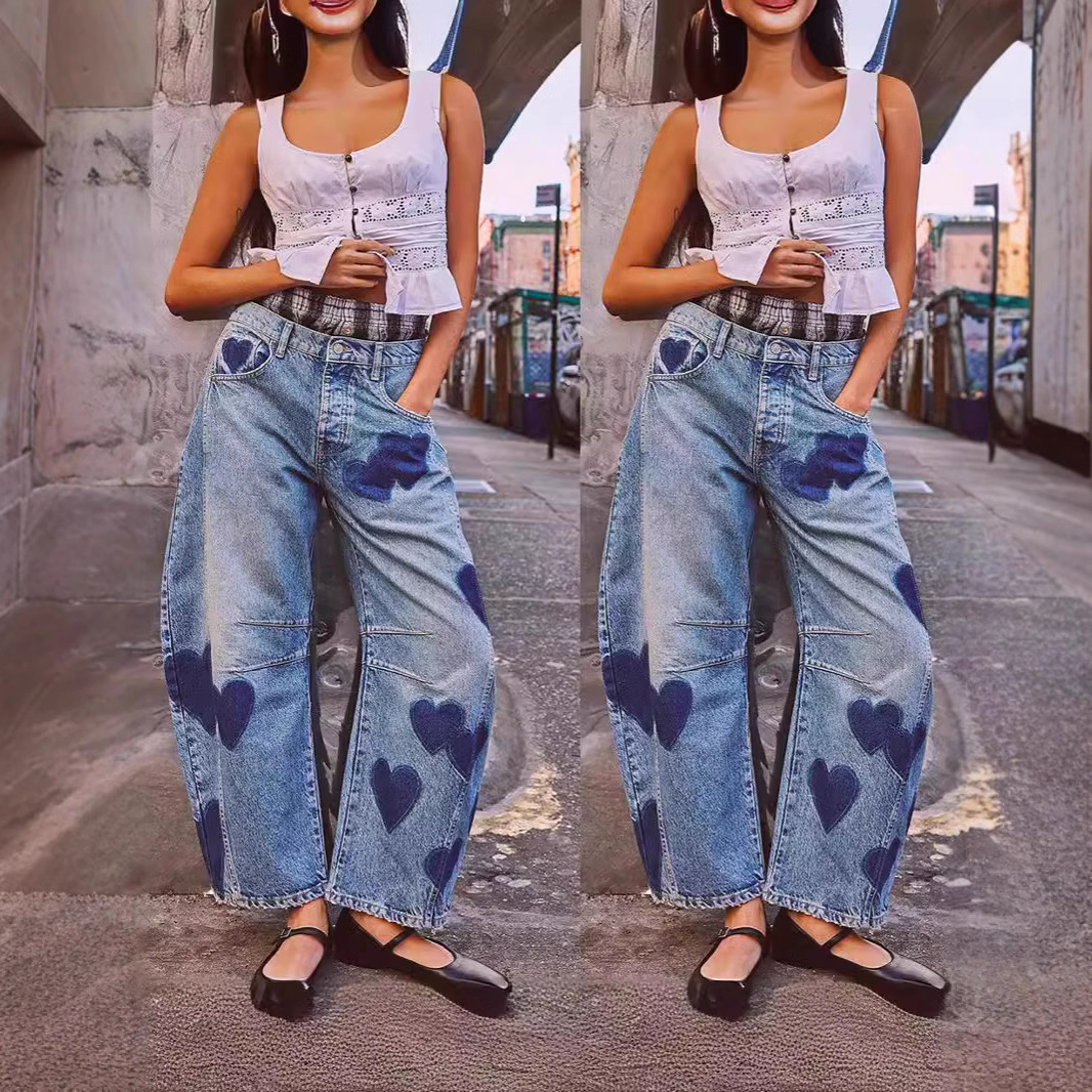 Independent Station 2024 Cross-border EBAY European and American Spring Casual Loose Mid-waisted Tube Women's Jeans 16849