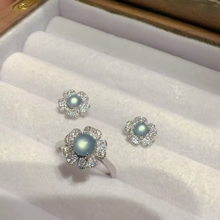 Guatemala Natural Jade Blue Water Five-petal Flower suit S925 Sterling Silver Inlaid All-match Small Fresh Earrings Ring