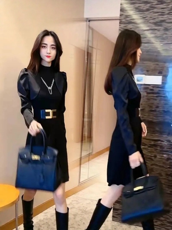 小个子短裙春秋休闲装黑色气质修身连衣裙新款长袖收腰显瘦裙子|undefined