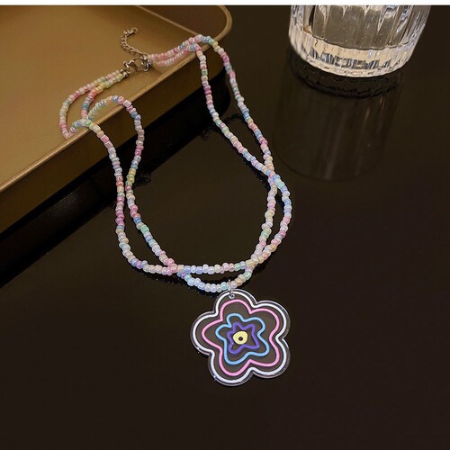 Double-layered stacked sweet and cool style necklace, cute heart-shaped star pendant, girlish floral colorful beaded necklace accessory