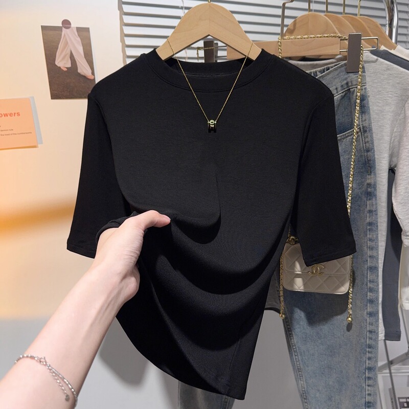 モーダル黒正肩中袖tシャツ女性夏春ねじ半袖丸襟修身五分袖底上着|undefined