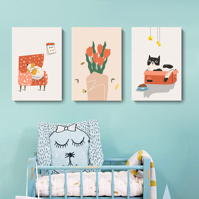 Decorative Painting Nordic Ins Small Fresh Cartoon Flower Cat Homestay Apartment Hotel Children's Room Bedroom Hanging Painting