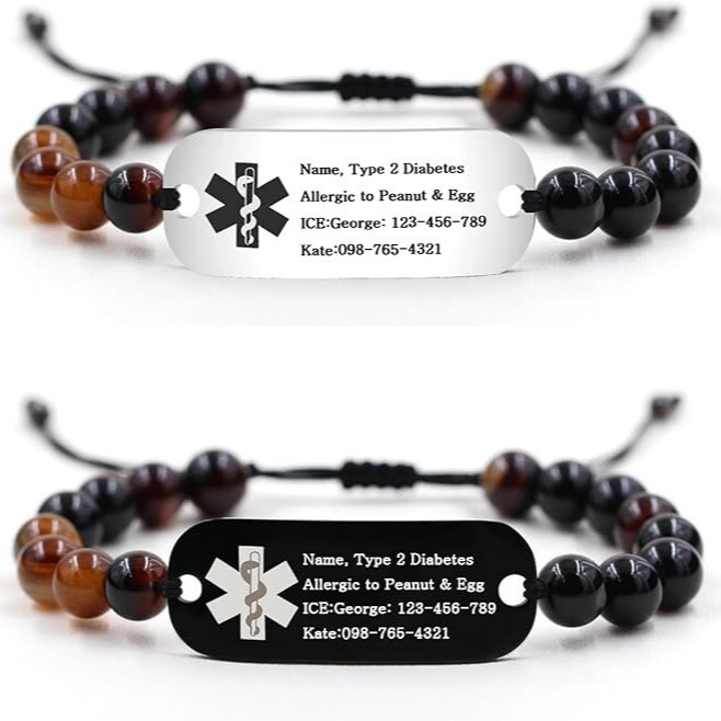 Aliexpress Amazon Bestseller 8mm Striped Agate Series Beaded Stainless Steel Medical Alert Tag Anti-Loss Id