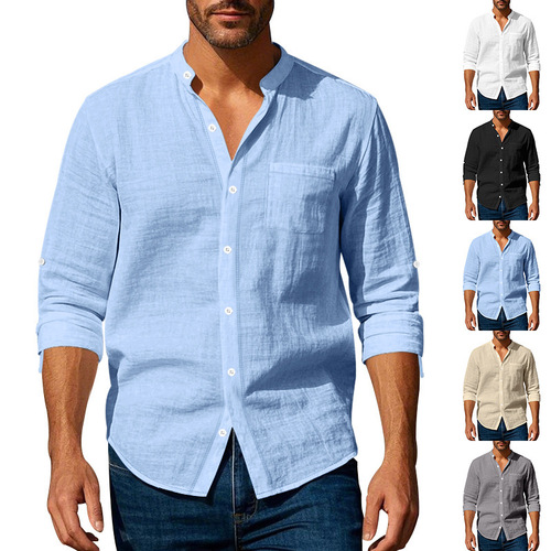 2025 Amazon Cross-border Spring and Autumn Linen Shirt Long Sleeve Stand Collar Breathable Casual Men's New Chinese Style Pocket Shirt