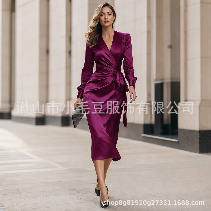 2026 European and American Cross-Border Women's Fashion Purple Satin V-Neck Long-Sleeve Tie-Waist Bodycon Mid-Length Dress with Draping 2026 European and American Cross-Border Women's Fashion Purple Satin V-Neck Long-Sleeve Tie-Waist Bodycon Mid-Length Dress with Draping