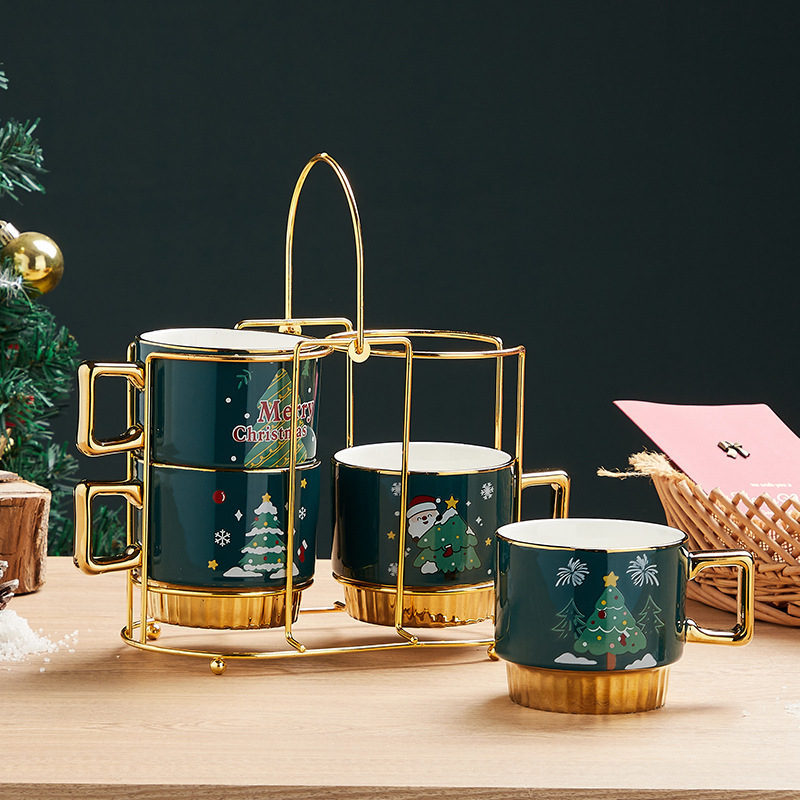 Amazon Venta caliente Navidad taza imprimible logotipo Taza de cerámica con estante Navidad regalo traje al por mayor