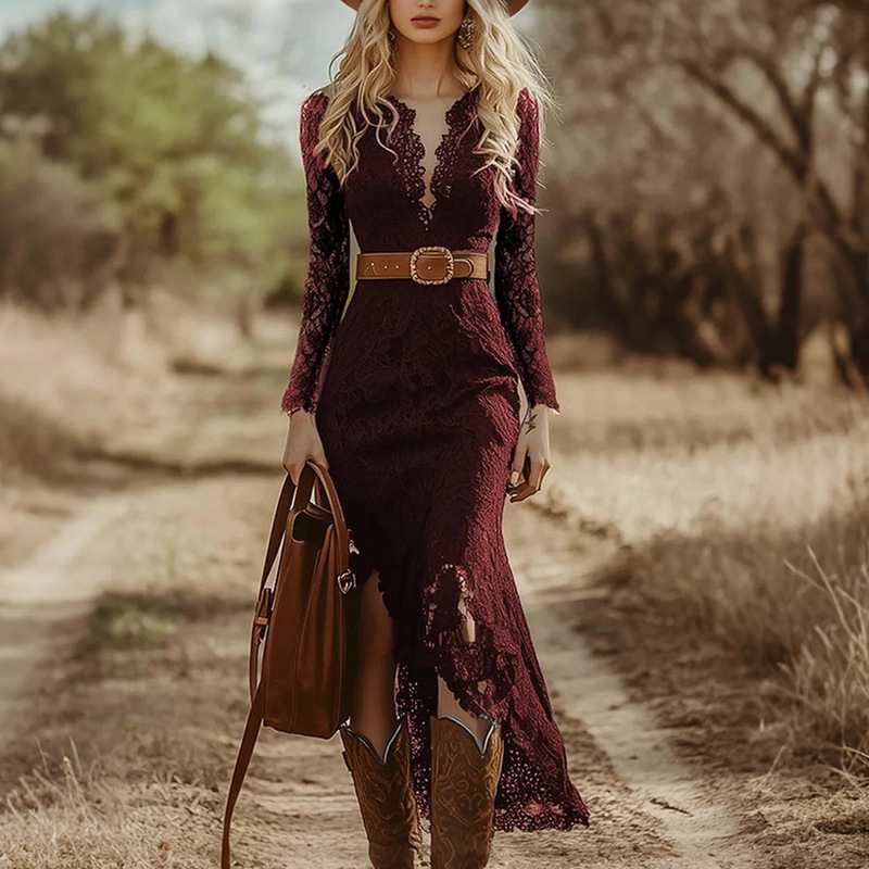 Cross-Border European and American Size Lace Patchwork V-Neck Long-Sleeved Dress for Women, Retro Elegant Mermaid Long Dress Cross-Border European and American Size Lace Patchwork V-Neck Long-Sleeved Dress for Women, Retro Elegant Mermaid Long Dress