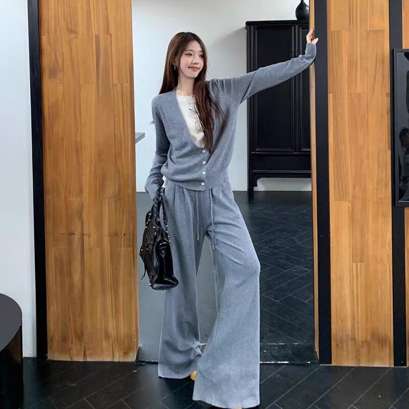 韩国chic休闲套装V领假两件长袖毛衣女2025秋高腰阔腿裤两件套女|undefined