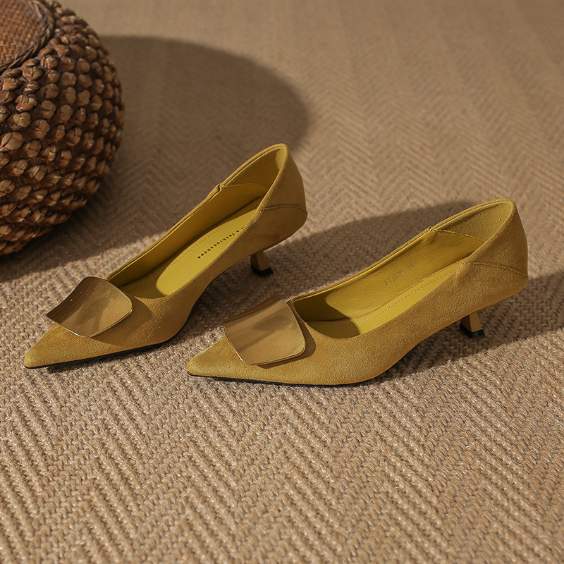 3518-90B Pointed Toe Flats Women's Stiletto Two-Wear 2025 Spring & Fall New Elegant Slim Square Buckle Suede High Heels