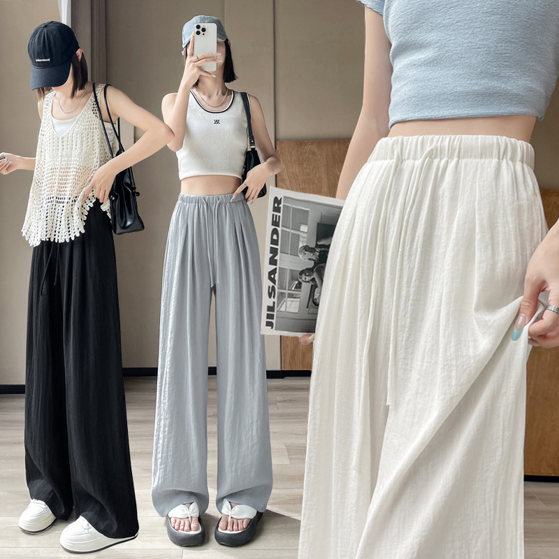 女性用のレイジーリラックスコットンとリネンのワイドレッグパンツ、ハイエンドのホワイトリネンパンツ、夏用の薄い伸縮性ウエストカジュアルフロアレングスパンツ|undefined