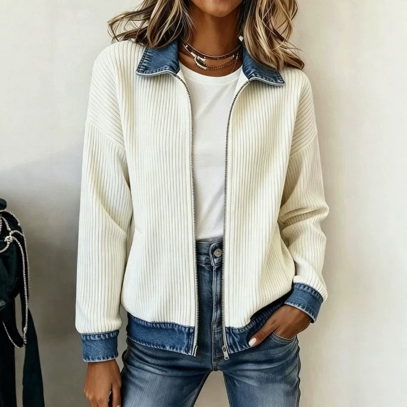 New Style Jacket European and American Style Knitted Patchwork Denim Shirt Women's Autumn and Winter Fashion Versatile Long-Sleeved Cardigan Jacket Cross-Border