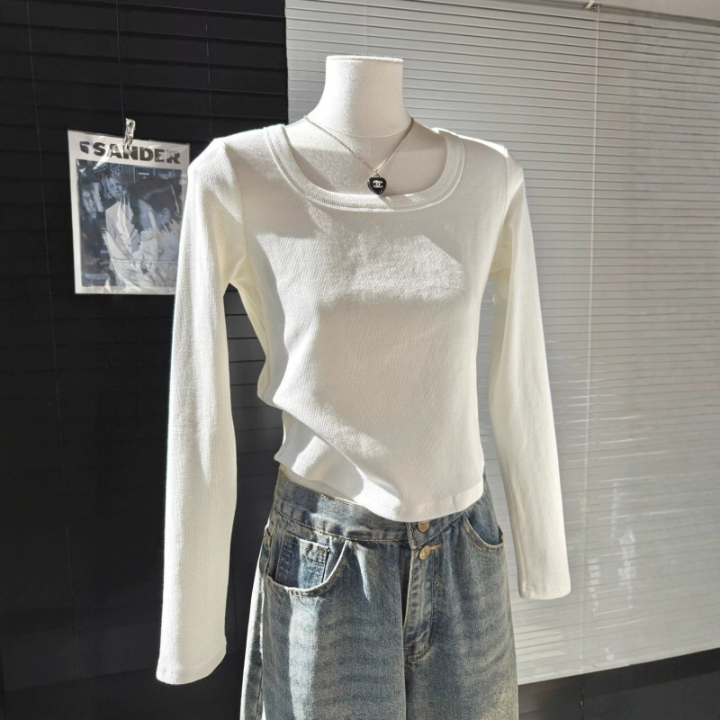 Spring and autumn new style white cotton long-sleeve T-shirt for women, slim-fit base shirt with square collar, simple basic top, trendy Spring and autumn new style white cotton long-sleeve T-shirt for women, slim-fit base shirt with square collar, simple basic top, trendy
