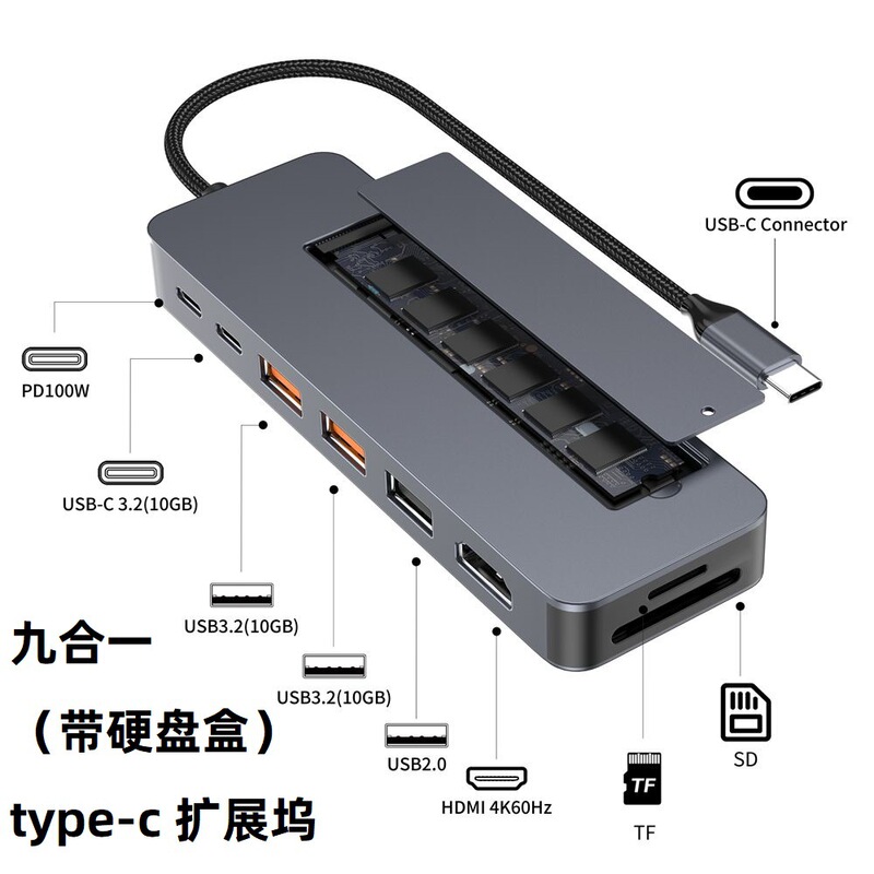 TC91S 9-in-1 USB-C Docking Station PD Fast Charging 4K@60HZ HDMI Multiport Hub with 8T Hard Drive Enclosure