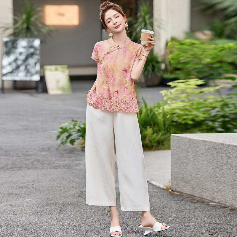 New Chinese-Style National Style Suit for Women 2026 Summer New Fashion Elegant Versatile Short-Sleeved Top and Casual Pants Two-Piece Set
