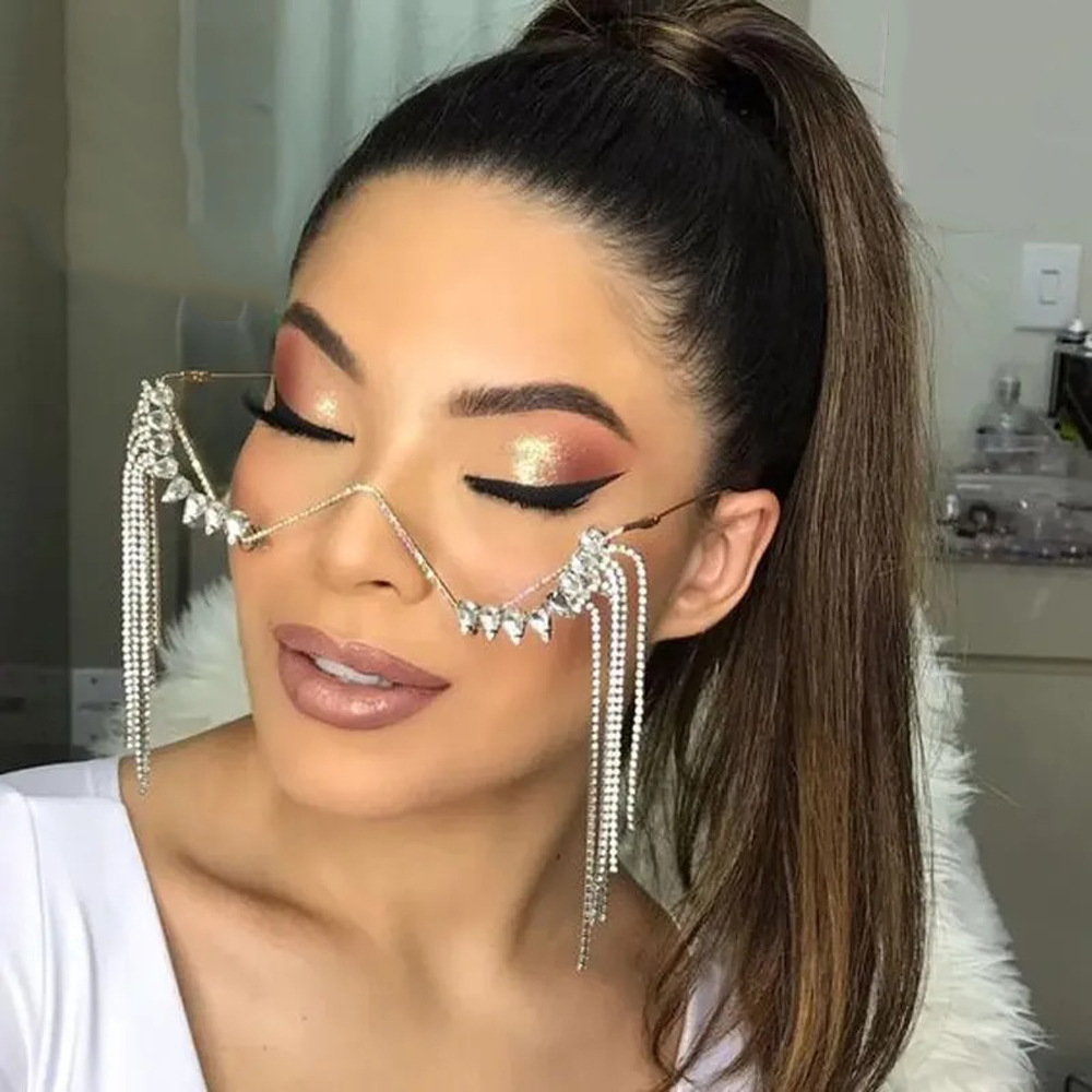 2023 nuevo rhinestone gafas Marco europeo y americano personalidad exagerada borla cara joyería gafas