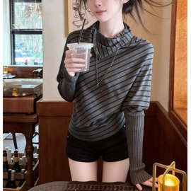 韩系蝙蝠袖不规则条纹长袖针织上衣女2026秋冬新款复古翻领毛衣潮