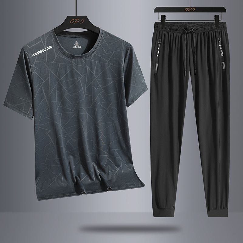 Traje de ocio de seda de hielo de verano para hombres, deportes al aire libre, hombres sueltos, pantalones de camiseta de cuello redondo de secado rápido transpirable de dos piezas