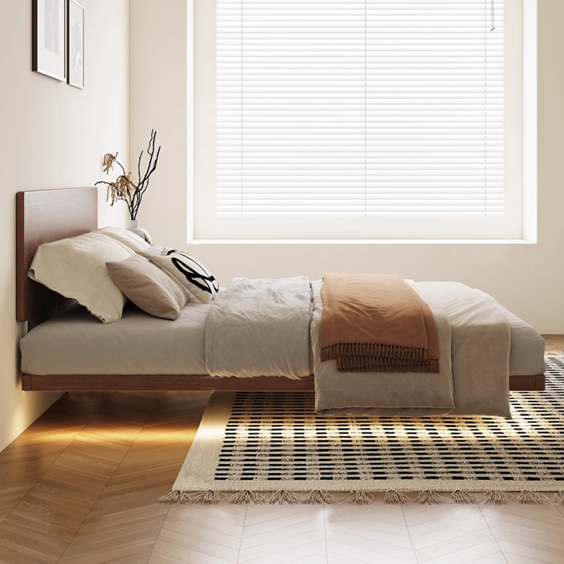 Cama de nogal nórdico de madera maciza pura con cabecera muy delgada, nuevo marco de fila de madera de haya, cama suspendida de apartamento pequeño minimalista moderno