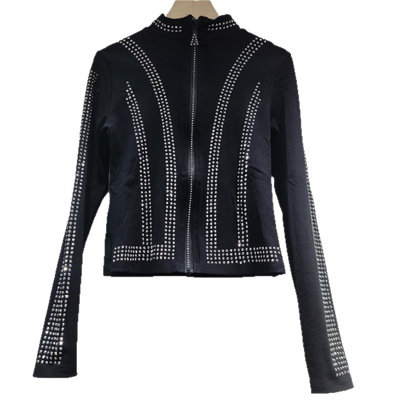 2026 principios de primavera nuevo diseño de moda sensación de delgado versátil diamante caliente brillante delgado cardigan con cremallera de moda