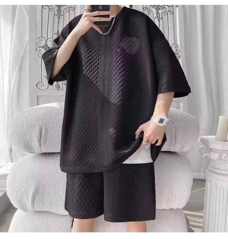 Men's Athletic Waffle Knit Short Sleeve T-Shirt And Shorts 2-Piece Set, Summer Casual Sports Outfit For Teens And Young Adults_viptrois.com