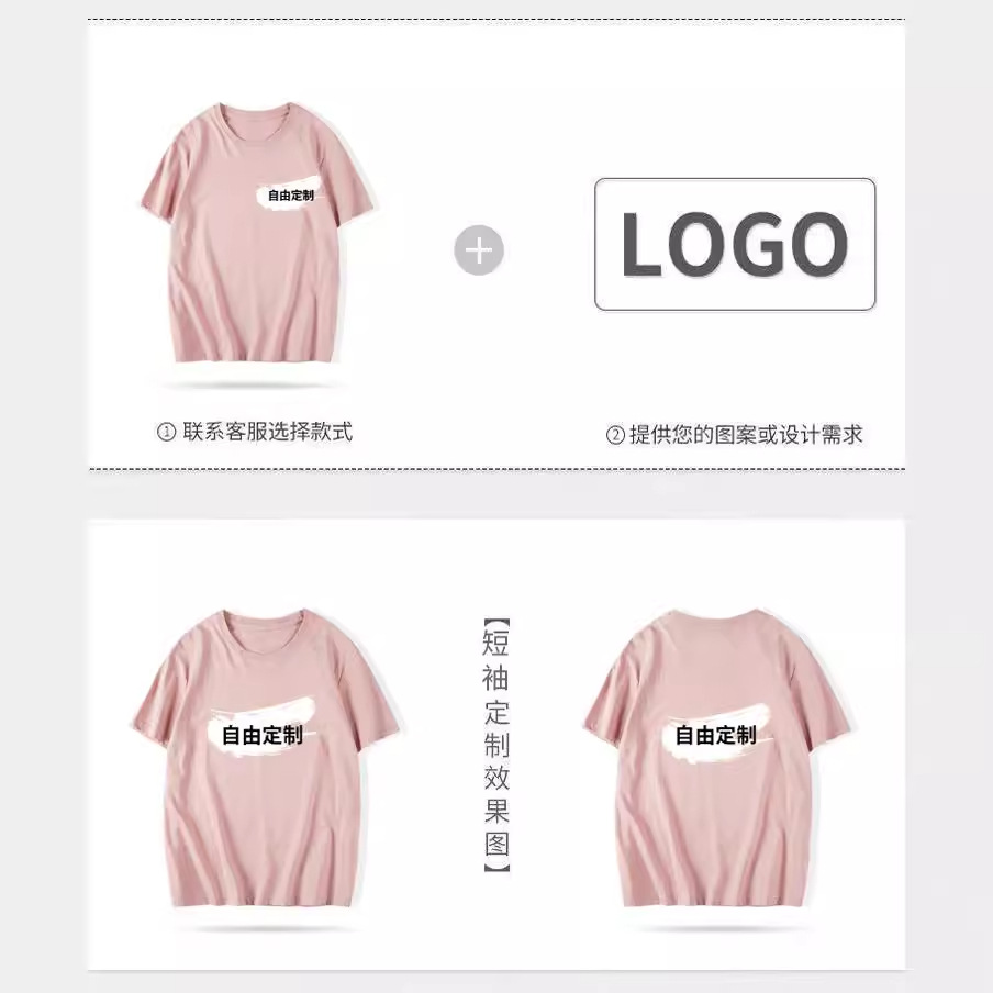 Camiseta de manga corta de algodón puro, logotipo impreso, ropa de clase, ropa de trabajo de bricolaje, camiseta de cuello redondo, impresión de hotel, fuente de productos