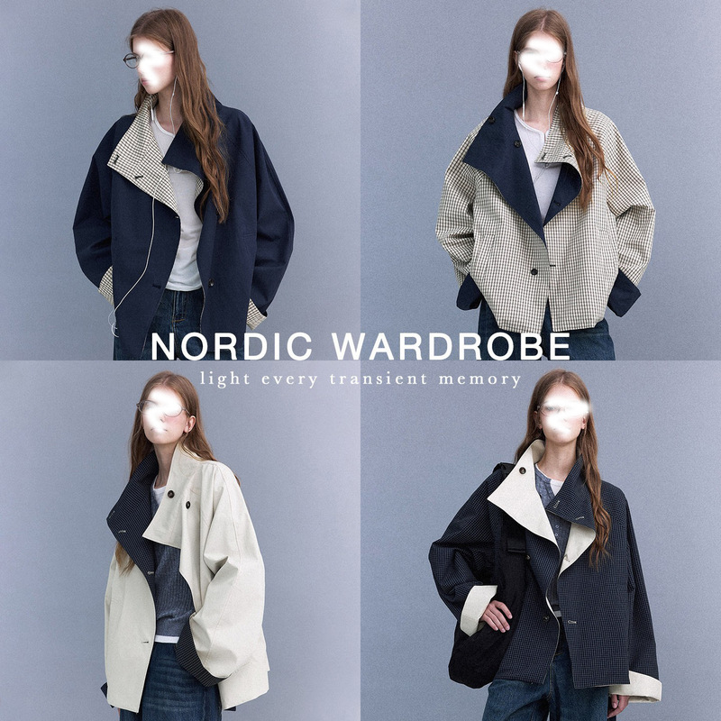 Reversible Color-Blocked Retro Plaid Casual Drop-Shoulder Stand-Up Collar Short Trench Coat for Women Reversible Color-Blocked Retro Plaid Casual Drop-Shoulder Stand-Up Collar Short Trench Coat for Women