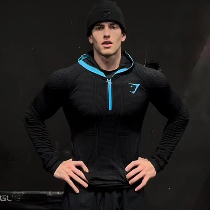 Gymshark Men's Long-Sleeved t Autumn and Winter Classic Superhero Quick-Drying Stretch Hoodie Half-Zip Training Suit Gymshark Men's Long-Sleeved t Autumn and Winter Classic Superhero Quick-Drying Stretch Hoodie Half-Zip Training Suit