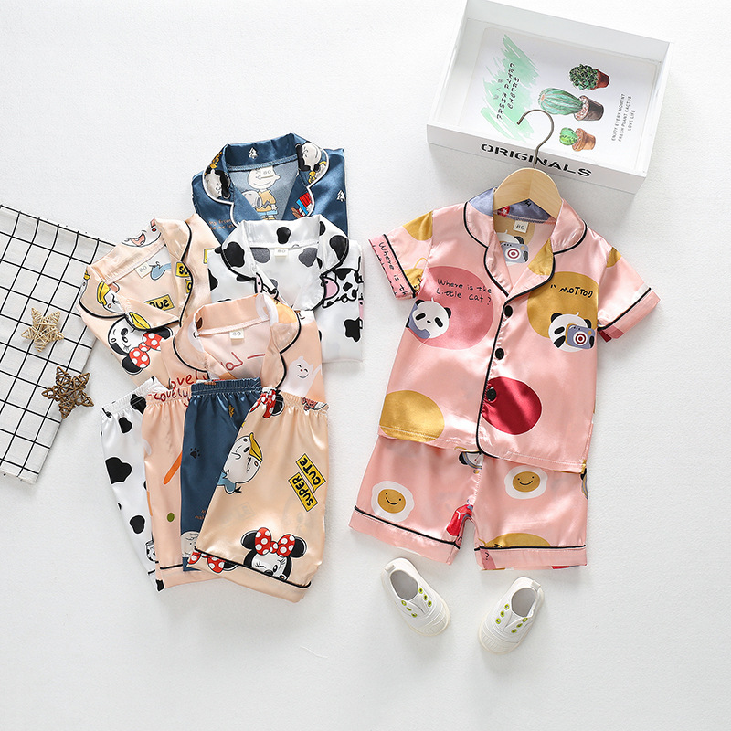 Summer New Cartoon Cardigan Pajamas for Boys and Girls Baby Ice Silk Short Sleeve Shorts Children's Home Clothes Set