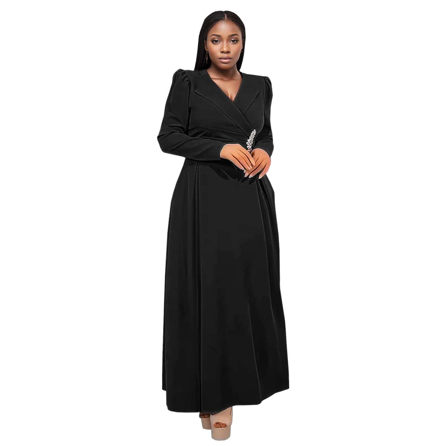 C7411 Cross-border AliExpress Amazon Moda europea y americana Vestido de manga larga con solapa cruzada