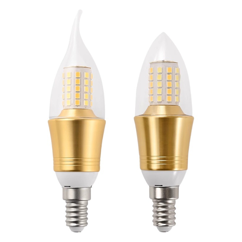 Luz de vela LED, base de tornillo E14 dorada, bombilla puntiaguda de bajo consumo E27, fuente de luz de repuesto para candelabro doméstico ultrabrillante, bombilla tipo vela.