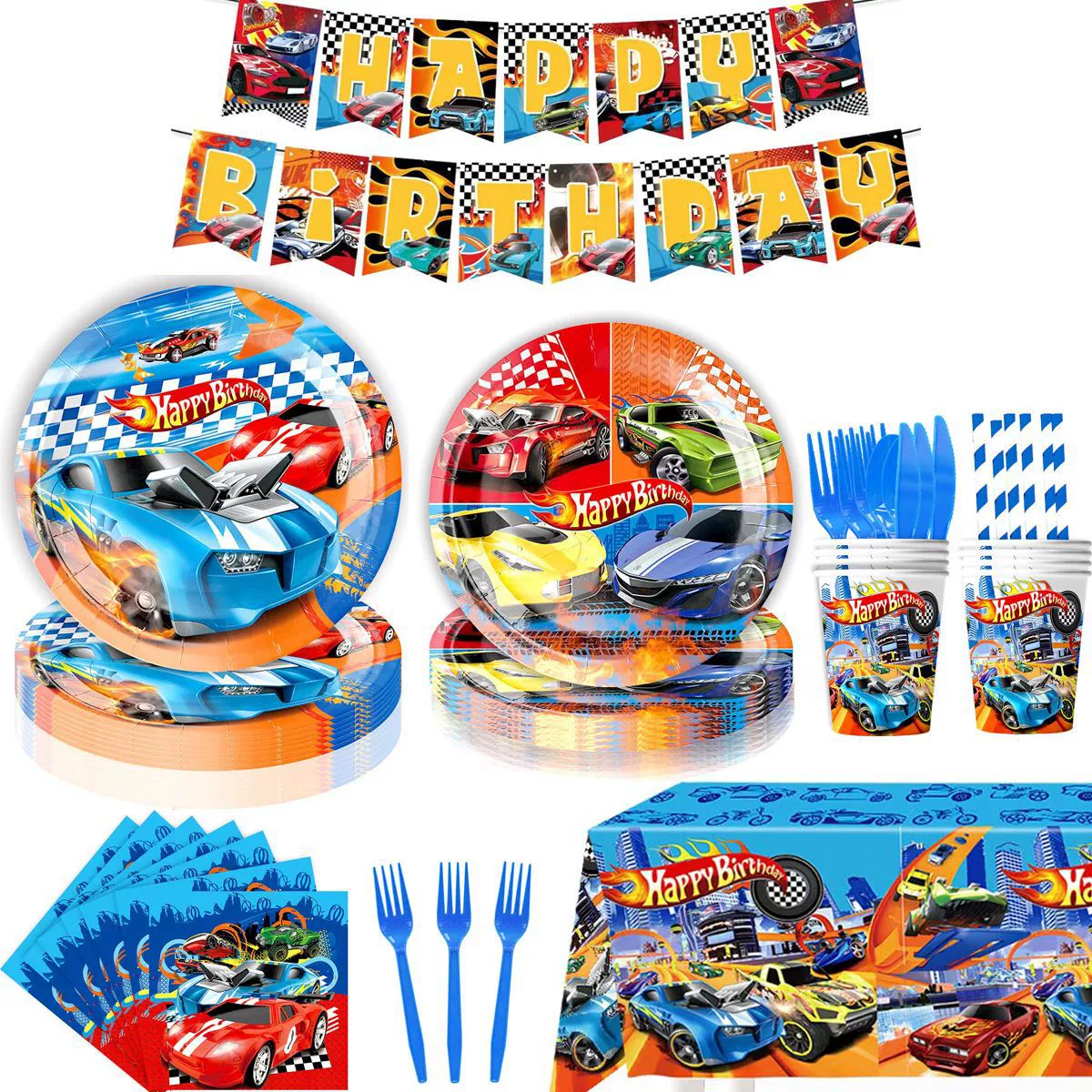 Праздничная посуда и набор для декора Hot Wheels, принт гонка‑кар, одноразовый комплект (стаканы, тарелки, салфетки, воздушные шары)