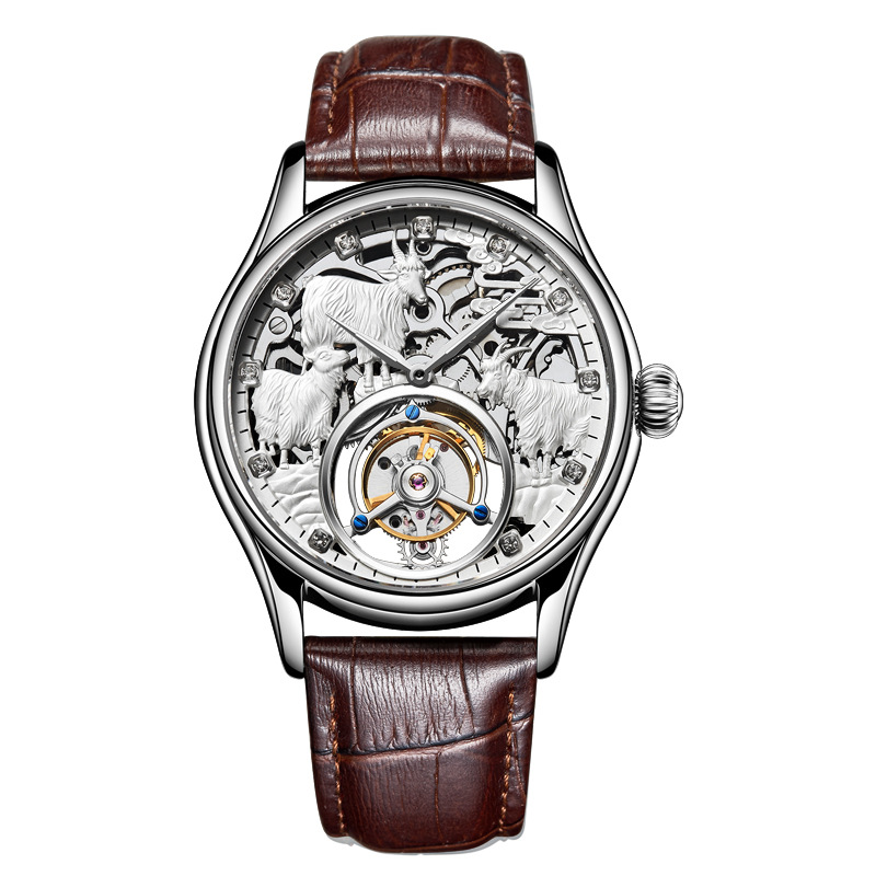 Twelve Zodiac Signs, Three Sheep, Fully Automatic Hollow Mechanical Watch, Real Tourbillon Watch, Light Luxury and High-End Men's Watch