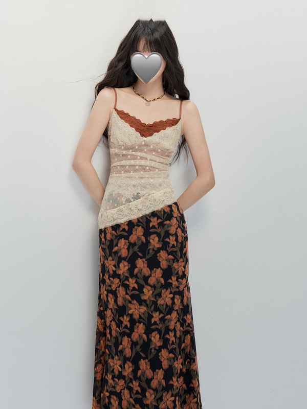 纯欲碎花蕾丝掐腰连衣裙女夏御姐小众古着吊带裙长裙|undefined