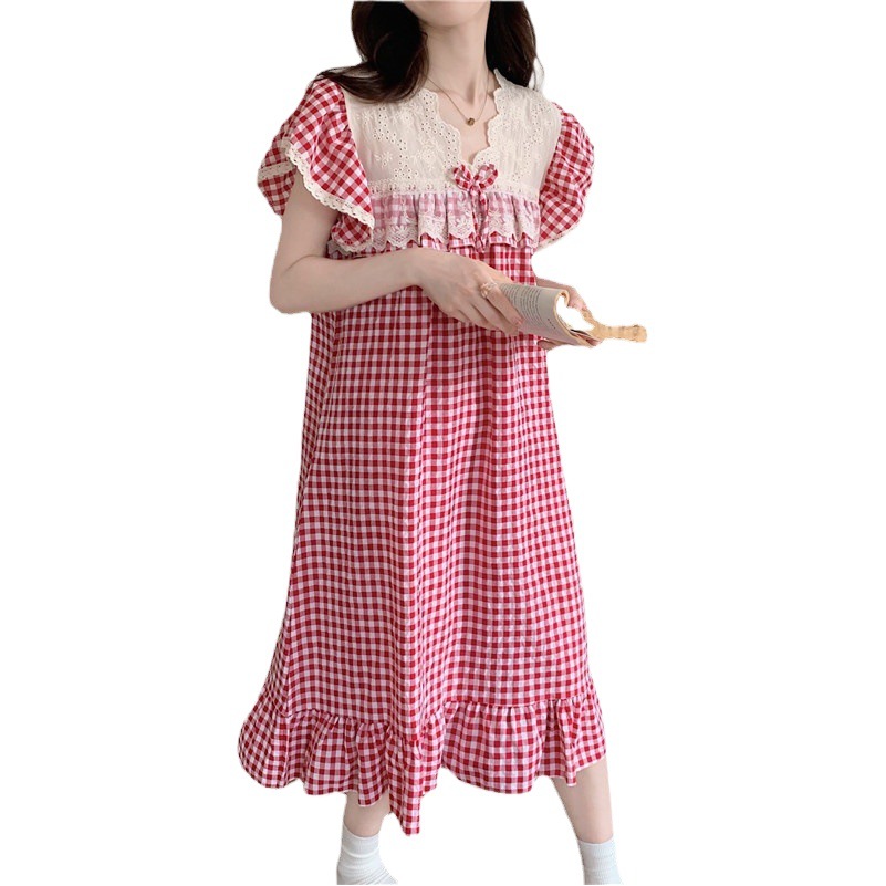 Verano ins Corea del Sur comercio exterior de las mujeres Plaid encaje dulce princesa bordado pesado encaje Home wear traje camisón