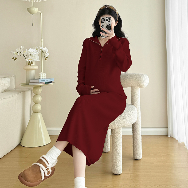孕妇装秋冬季潮妈时尚新款连衣裙怀孕期法式宽松海军领加厚针织裙|undefined