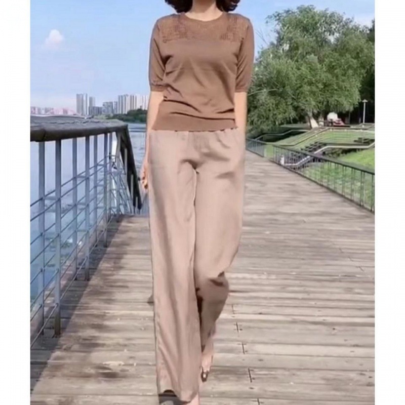 summer new pattern Two piece set Korean Edition Short sleeved Self cultivation T-shirt Drape Broad leg trousers Large Show thin temperament suit