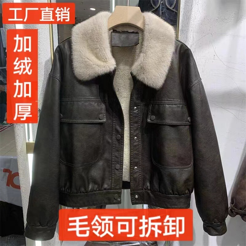 ヨーロッパ製ベルベットレザージャケットレディース冬香港スタイルレザーライダースジャケットレッキスラビットファー裏地ショートトップ|undefined