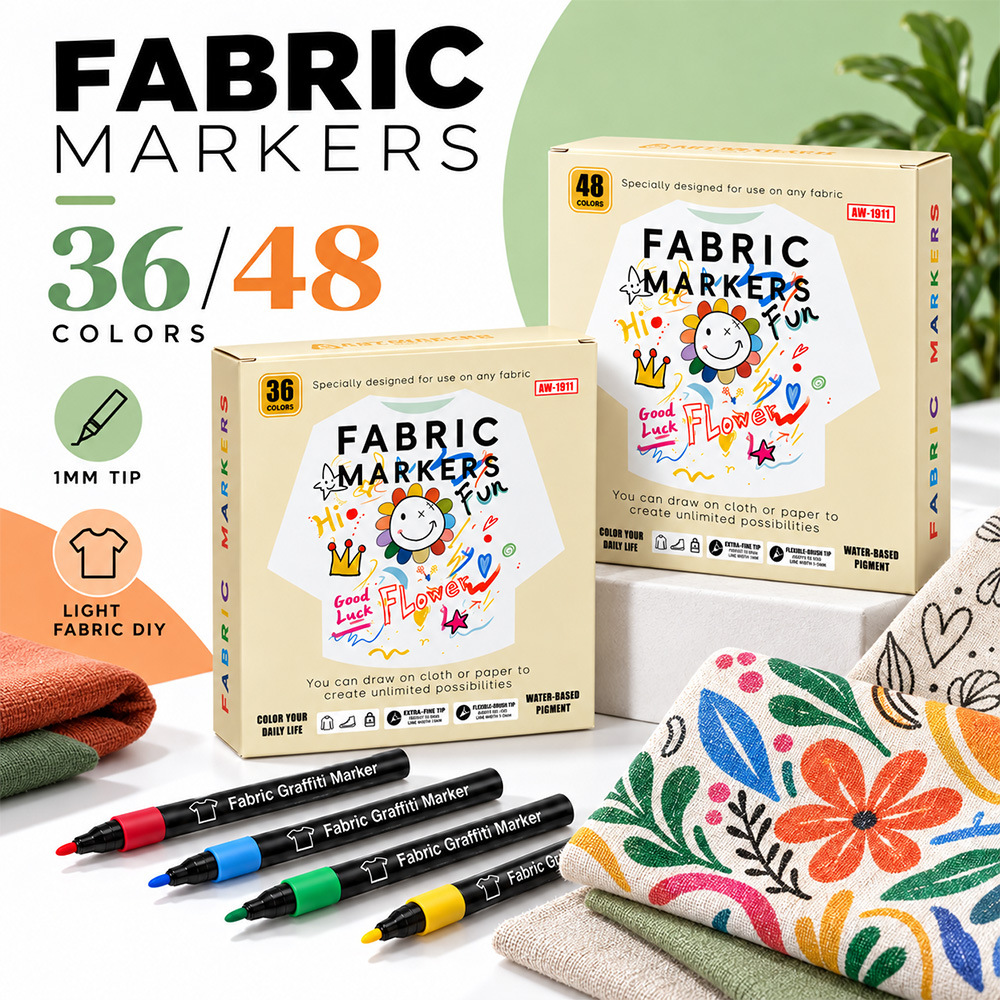 Cross-border 48-color water-based fabric marker set, for creative fabric art, quick-drying, waterproof, fine-tip paint pens