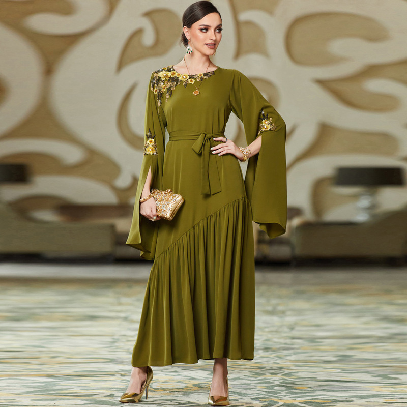 Ba3048 New Military Green Extra-Long Sleeve Embroidered Appliqué Dress Gown Ba3048 New Military Green Extra-Long Sleeve Embroidered Appliqué Dress Gown