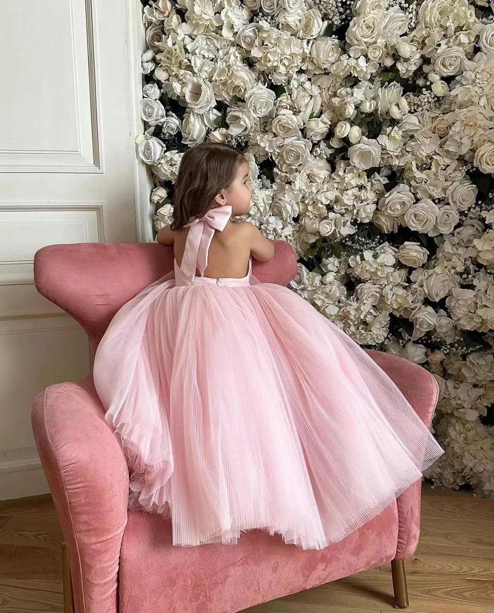 Rosa Kinderkleid mit Neckholder und Puffärmeln, Prinzessinnen-Stil, neues Kostüm für Geburtstagsfeiern, kleine Gastgeberinnen und Aufführungen_voghion.com