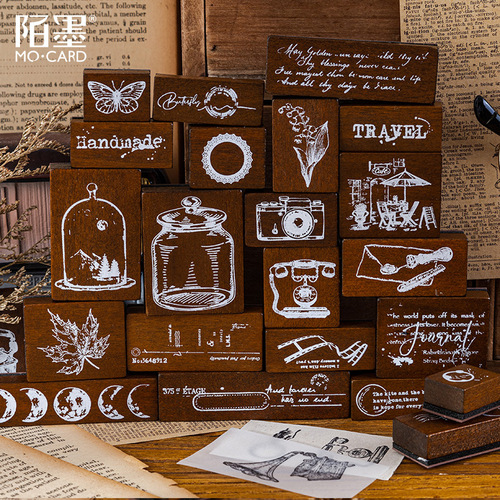 Momo Wooden Seal Set Memories of the Past Series DIY Stationery Handbook Decorative Prints 4 Types 7 Pieces