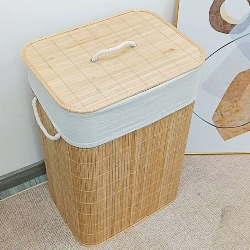 Cesta de ropa sucia transfronteriza con bolsillo interior con cubierta de bambú y madera plegable Cesta de almacenamiento de ropa sucia Cesta de ropa sucia