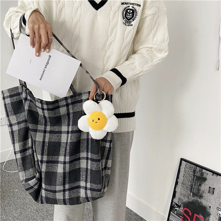 0981 Simple ins checkered woolen single-shoulder bag, hand-held cloth bag, student large-capacity shopping bag, laid-back style women's bag undefined