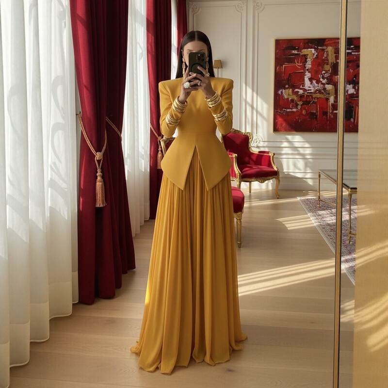 2026 New European and American Style Long-Sleeved Evening Dress for Women, High-End Slim-Fitting Suit Top, Chiffon Long Skirt Suit