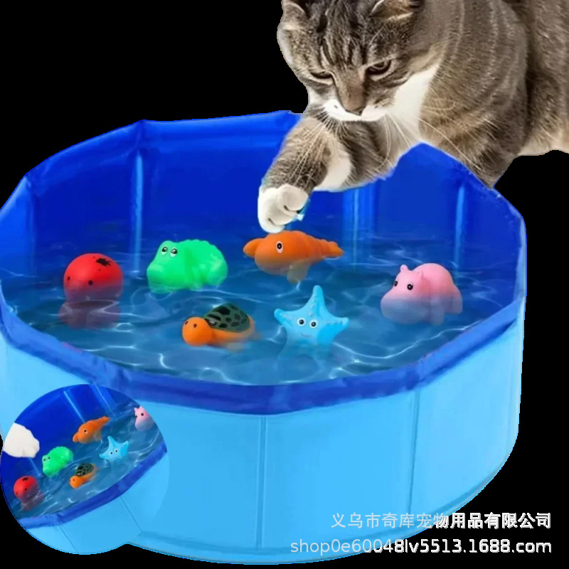 Pet Cat Play Water Pool Basin Foldableable Blue 30×10cm with 6 Soft Rubber Toys