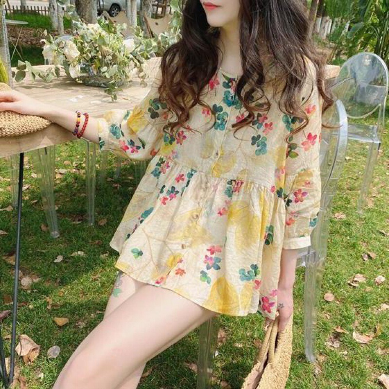 子供のシャツの上着の夏の韓国版のゆったりした丸首の甘い灯籠の袖の蓬蓬の花の綿の麻のシャツの女性の7分の袖|undefined