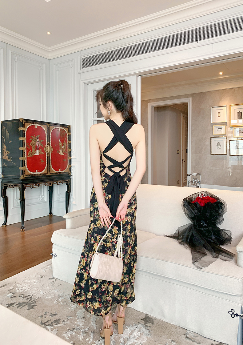 Váy maxi dây hở lưng họa tiết hoa cổ điển Pháp thắt eo tôn dáng — Màu hoa chi tiết 12