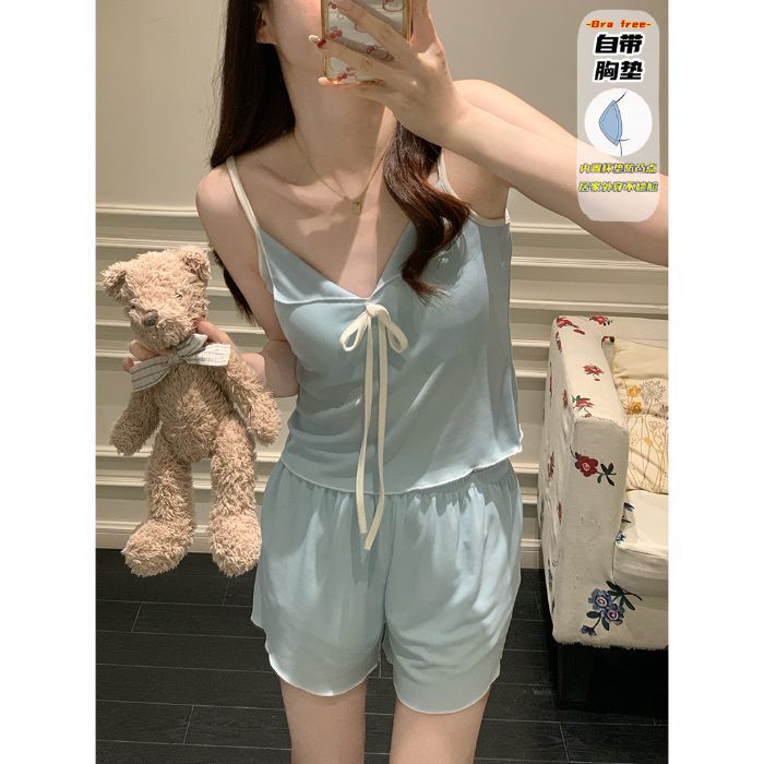 Venta al por mayor transfronteriza con almohadilla fija para el pecho verano nuevo pijama mujer seda de hielo dulce servicio a domicilio estilo princesa traje francés