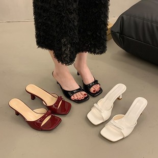 French High-Heeled Slippers 2024 New Women's Summer Outer Wear Square Toe Stiletto Heel Bow Sandals Versatile Elegant