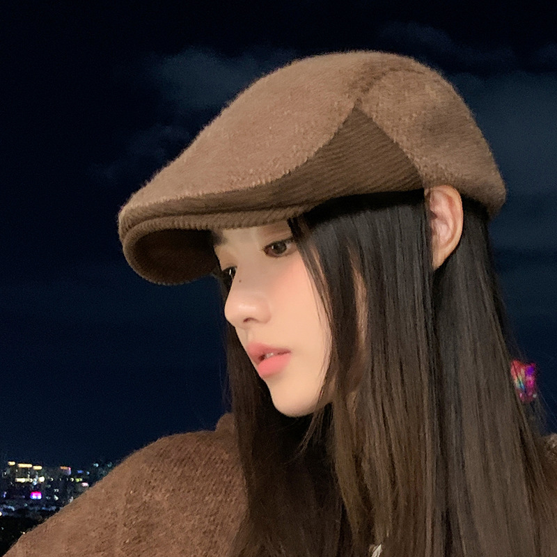 韩版文艺青年画家帽秋冬女士英伦风前进帽复古拼接加厚保暖鸭舌帽|undefined